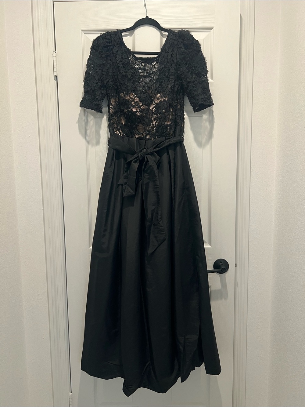 Eliza J Black Lace Bodice Long Sleeve A-Line Gown with Waist Tie